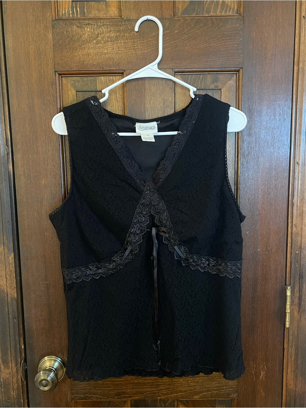 Aegean Black Lace Top XL Sleeveless V-Neck Ribbon Tie Vintage Romantic